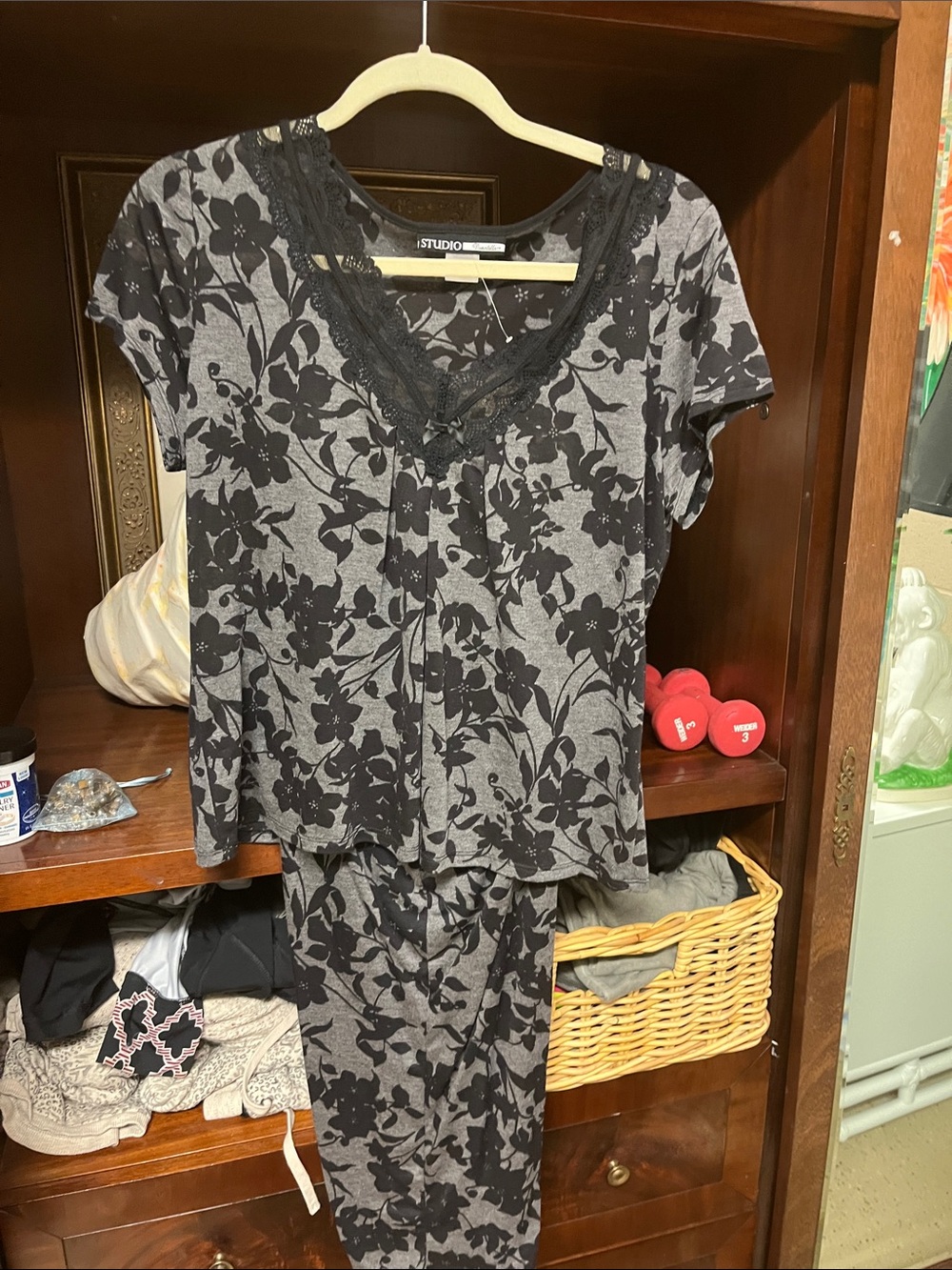 Studio Black & Gray Floral Lace-Trim Pajama Set